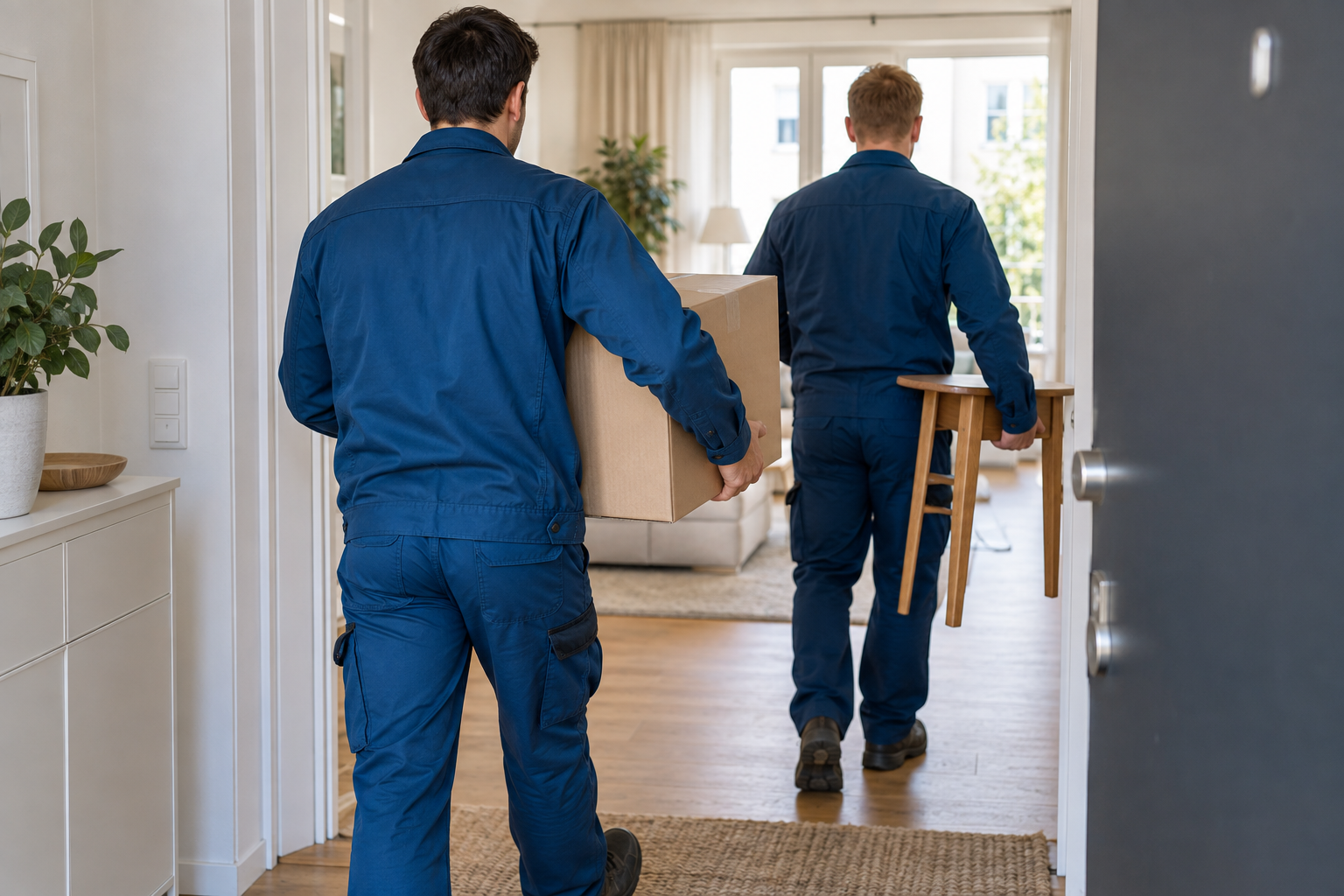 Räumungsteam in blauer Arbeitskleidung trägt einen Karton aus einer Wohnung